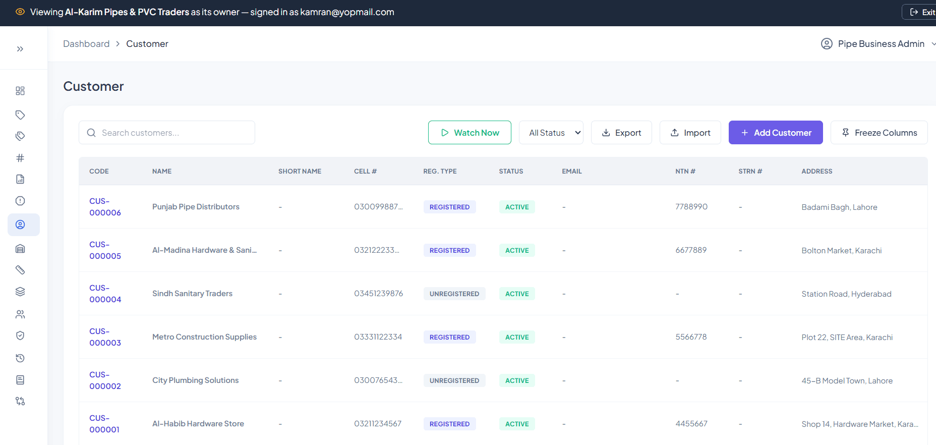 Digital FBR customer management screen with customer records